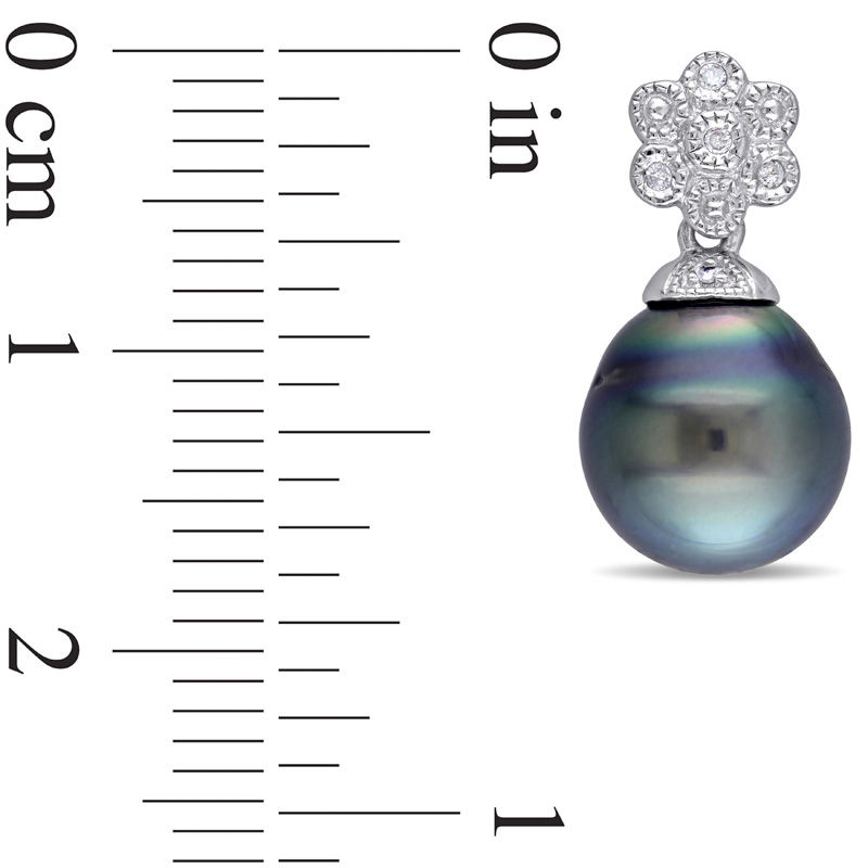 Main Image 2 of Baroque Black Tahitian Cultured Pearl and 0.04 CT. T.W. Diamond Vintage-Style Floral Drop Earrings in Sterling Silver