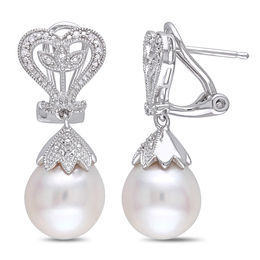 10.0 - 10.5mm Baroque Cultured Freshwater Pearl and 0.06 CT. T.W. Diamond Vintage-Style Drop Earrings in Sterling Silver