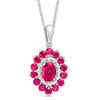Thumbnail Image 0 of Oval Lab-Created Ruby and 0.04 CT. T.W. Diamond Double Frame Pendant in 10K White Gold