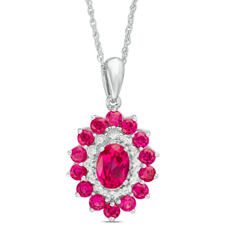 Oval Lab-Created Ruby and 0.04 CT. T.W. Diamond Double Frame Pendant in 10K White Gold|Peoples Jewellers