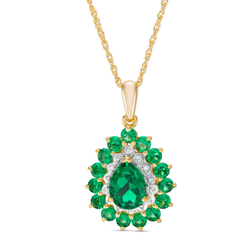 Pear-Shaped Lab-Created Emerald and Diamond Accent Bead Double Frame Pendant in 10K Gold