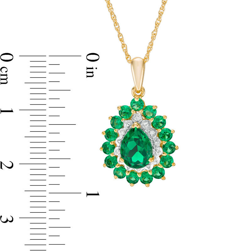 Main Image 2 of Pear-Shaped Lab-Created Emerald and Diamond Accent Bead Double Frame Pendant in 10K Gold