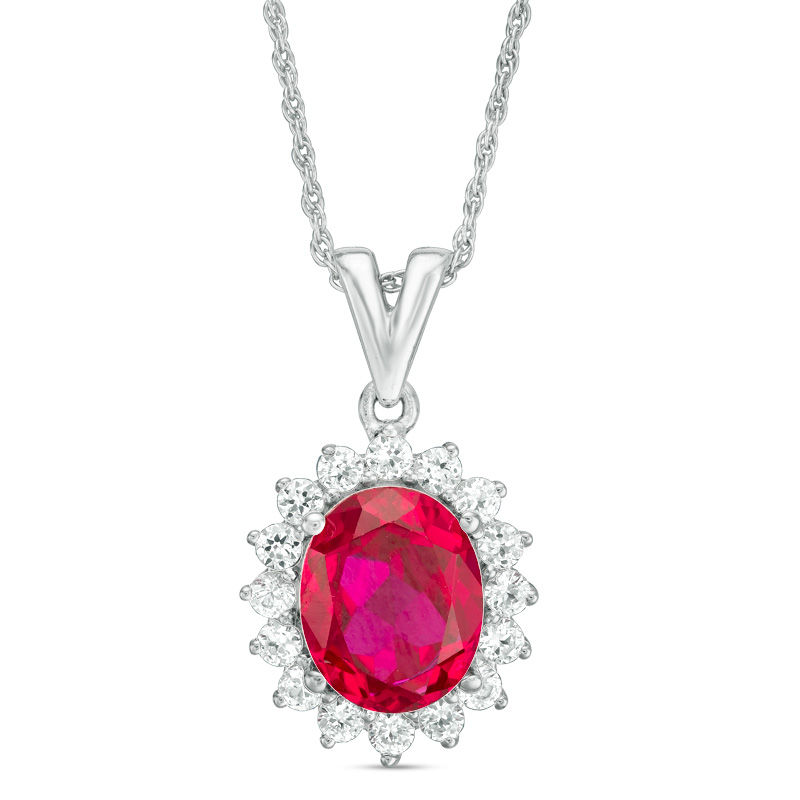 Oval Lab-Created Ruby and White Sapphire Sunburst Frame Pendant in Sterling Silver|Peoples Jewellers