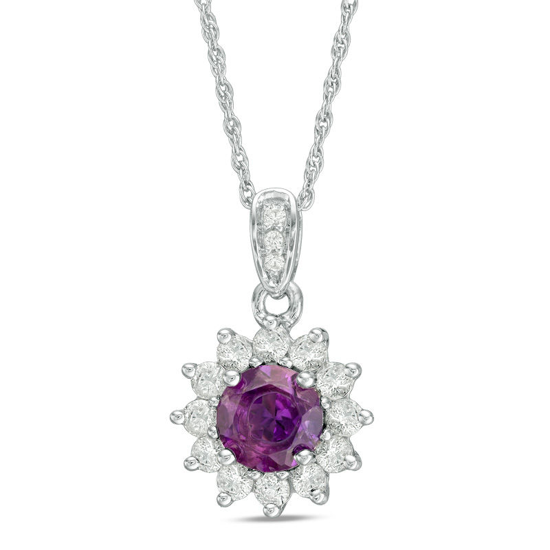 6.0mm Lab-Created Amethyst and White Sapphire Floral Frame Pendant in Sterling Silver