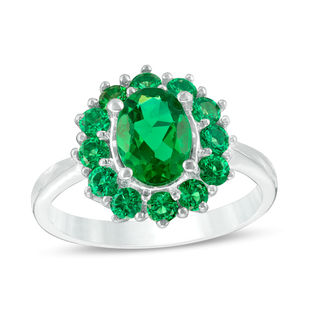 Oval Lab-Created Emerald Sunburst Frame Ring in Sterling Silver
