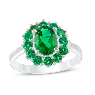 Oval Lab-Created Emerald Sunburst Frame Ring in Sterling Silver