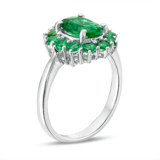 Oval Lab-Created Emerald Sunburst Frame Ring in Sterling Silver