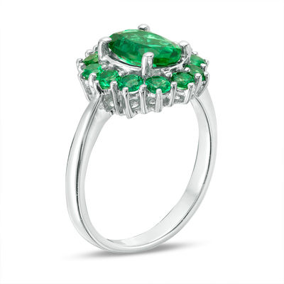 Oval Lab-Created Emerald Sunburst Frame Ring in Sterling Silver