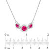 Oval and Round Lab-Created Ruby and White Sapphire Sunburst Frame Three Stone Necklace in Sterling Silver