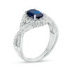 Oval Lab-Created Blue and White Sapphire Scallop Frame Engagement Ring in Sterling Silver