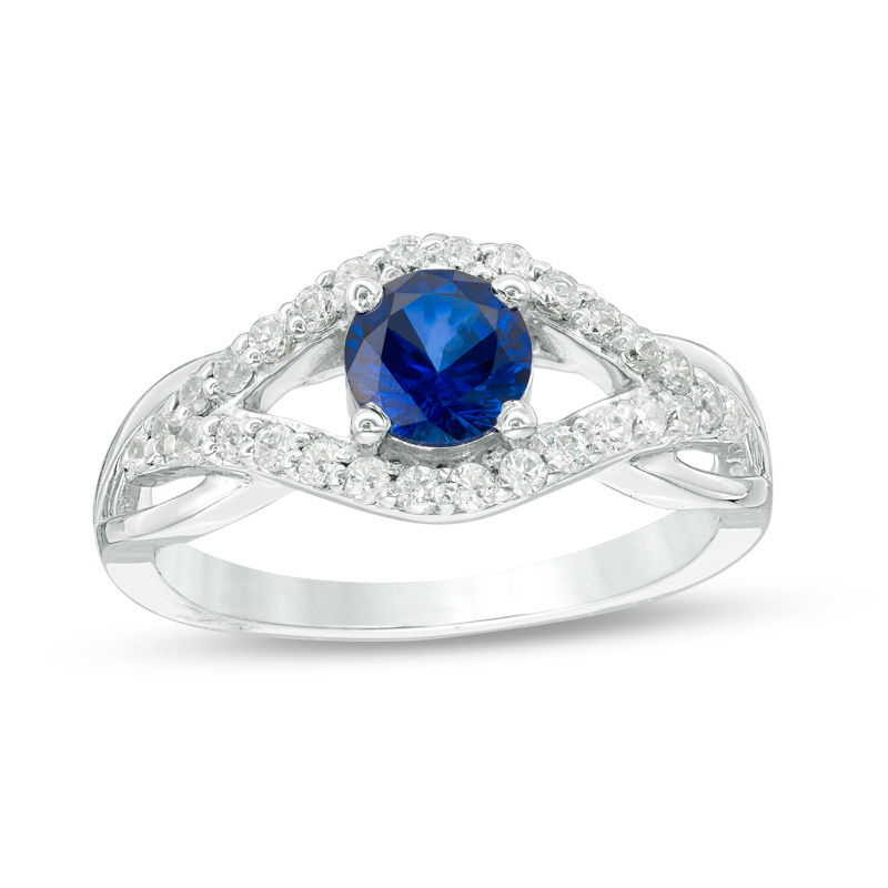 5.5mm Lab-Created Blue Sapphire and 0.29 CT. T.W. Diamond Split Shank Engagement Ring in 10K White Gold