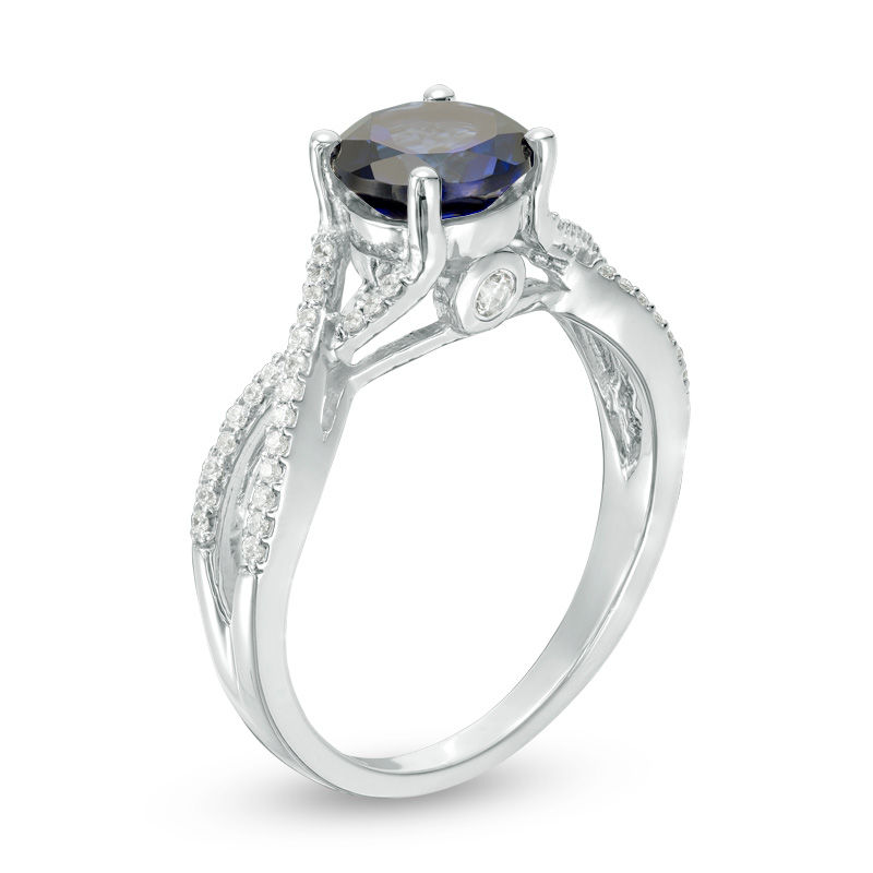 Main Image 2 of 7.0mm Lab-Created Blue Sapphire and 0.145 CT. T.W. Diamond Twist Shank Engagement Ring in 10K White Gold