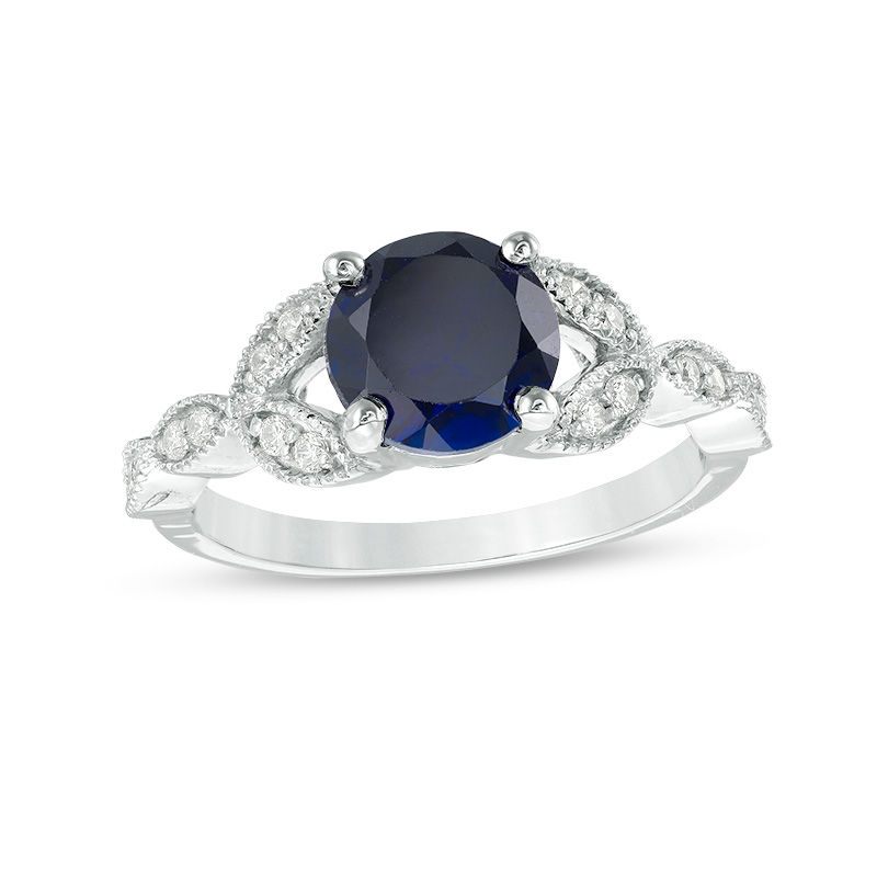 7.0mm Lab-Created Blue Sapphire and 0.145 CT. T.W. Diamond Vintage-Style Petals Engagement Ring in 10K White Gold