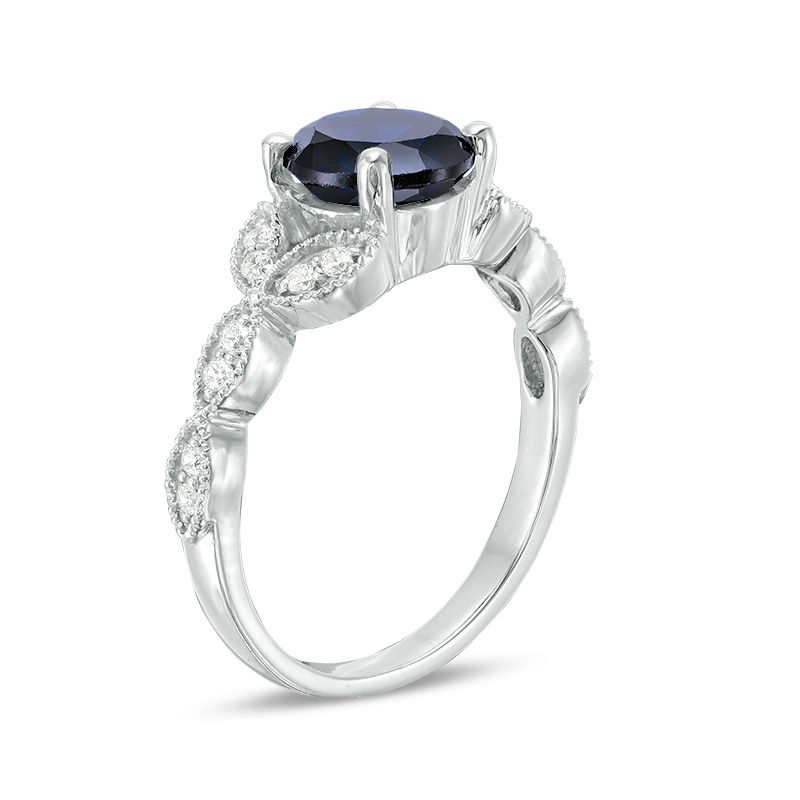 7.0mm Lab-Created Blue Sapphire and 0.145 CT. T.W. Diamond Vintage-Style Petals Engagement Ring in 10K White Gold