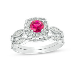 5.0mm Lab-Created Ruby and 0.37 CT. T.W. Diamond Square Scallop Frame Bridal Set in 10K White Gold
