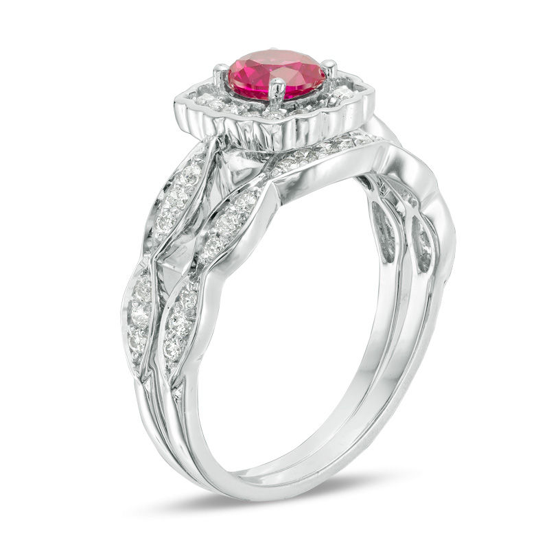 Main Image 2 of 5.0mm Lab-Created Ruby and 0.37 CT. T.W. Diamond Square Scallop Frame Bridal Set in 10K White Gold