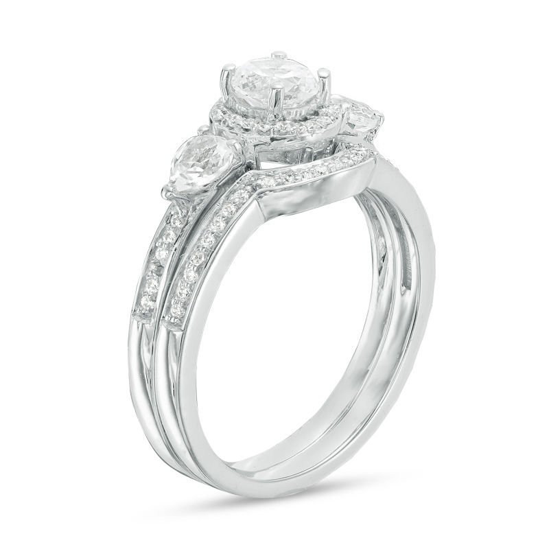 5.0mm Lab-Created White Sapphire and 0.145 CT. T.W. Diamond Frame Bridal Set in Sterling Silver