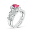 Thumbnail Image 1 of Oval Lab-Created Ruby and 0.45 CT. T.W. Diamond Braided Frame Bridal Set in Sterling Silver