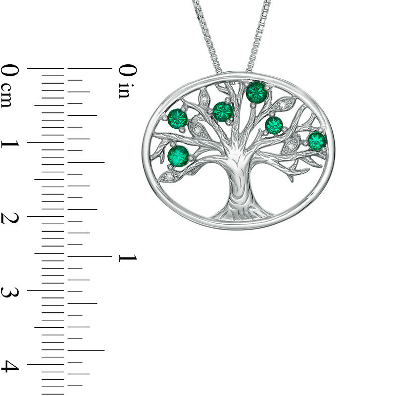 Lab-Created Emerald and Diamond Accent Tree of Life Oval Pendant in Sterling Silver