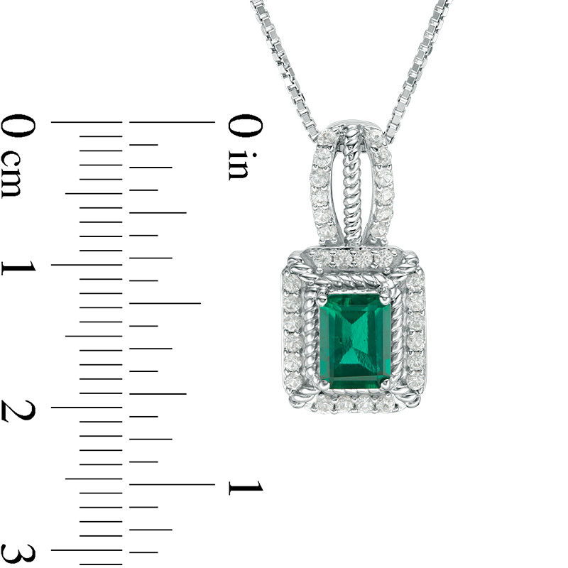 Emerald-Cut Lab-Created Emerald and White Sapphire Rope Frame Pendant in Sterling Silver