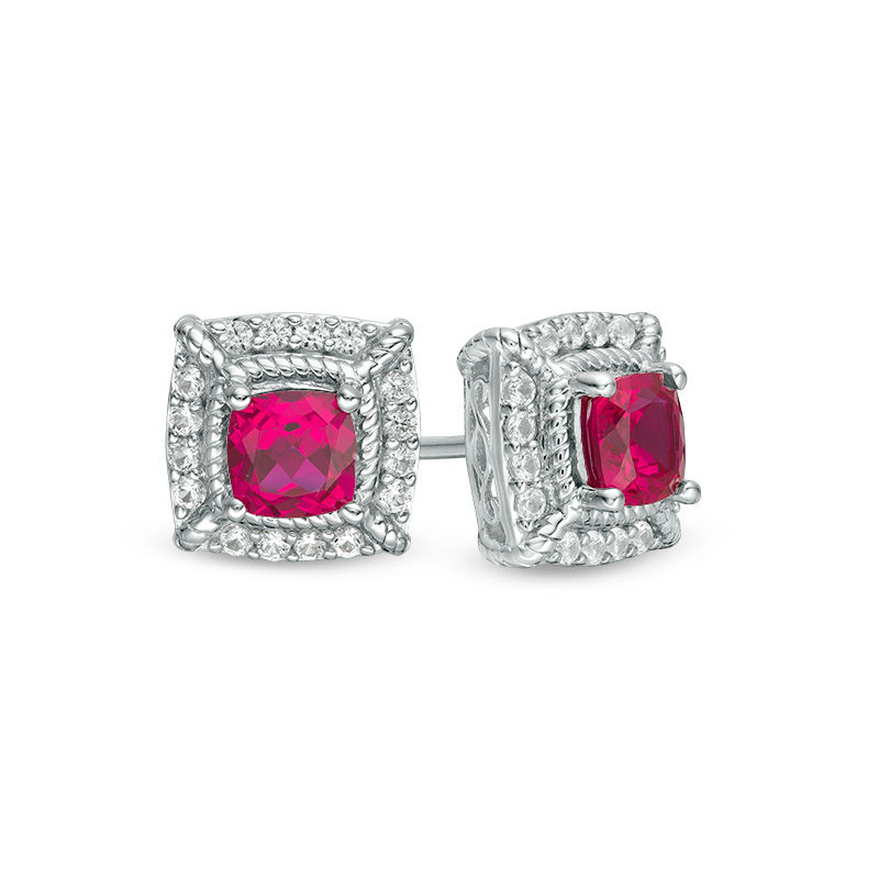 5.0mm Cushion-Cut Lab-Created Ruby and White Sapphire Square Rope Frame Stud Earrings in Sterling Silver