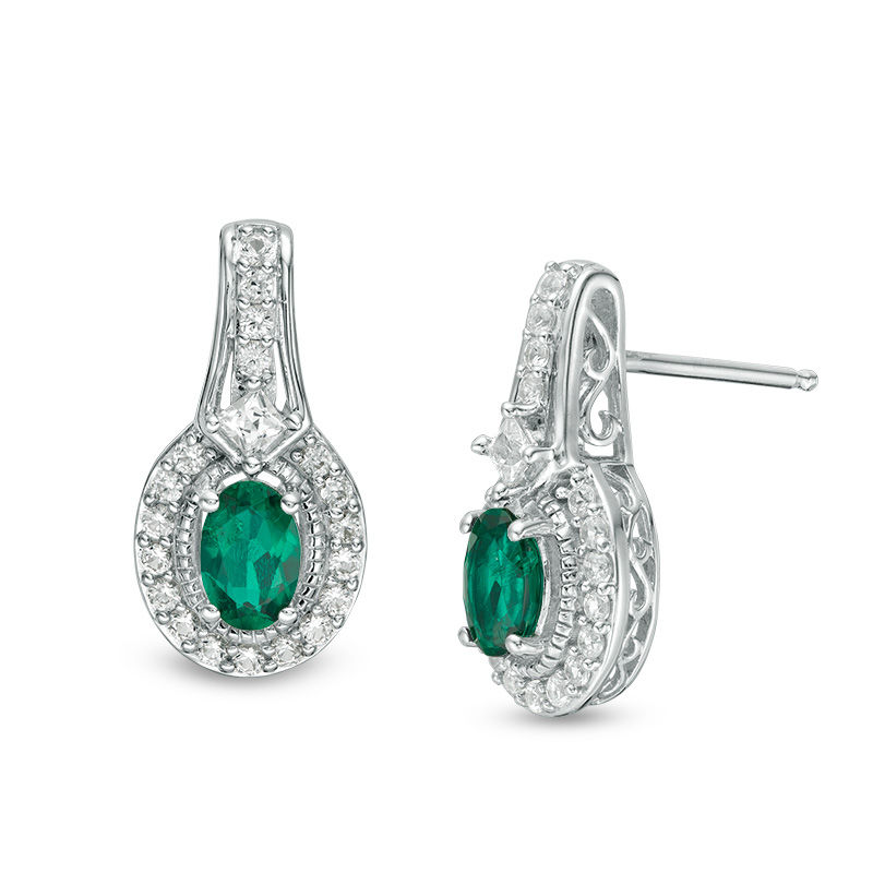 Oval Lab-Created Emerald and White Sapphire Frame Drop Earrings in Sterling Silver