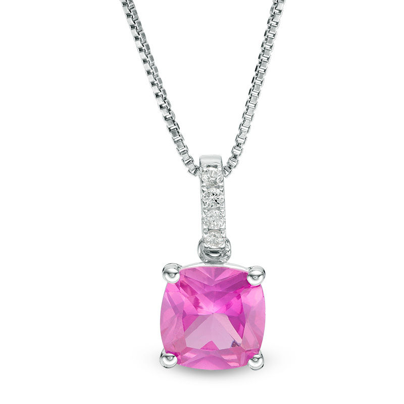 8.0mm Cushion-Cut Lab-Created Pink and White Sapphire Drop Pendant in Sterling Silver