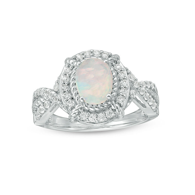 Oval Lab-Created Opal and White Sapphire Rope Twist Shank Ring in Sterling Silver