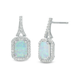 Emerald-Cut Lab-Created Opal and White Sapphire Frame Drop Earrings in Sterling Silver