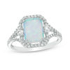 Thumbnail Image 0 of Emerald-Cut Lab-Created Opal and White Sapphire Split Shank Ring in Sterling Silver