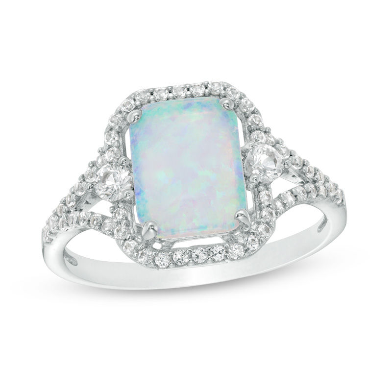 Emerald-Cut Lab-Created Opal and White Sapphire Split Shank Ring in Sterling Silver