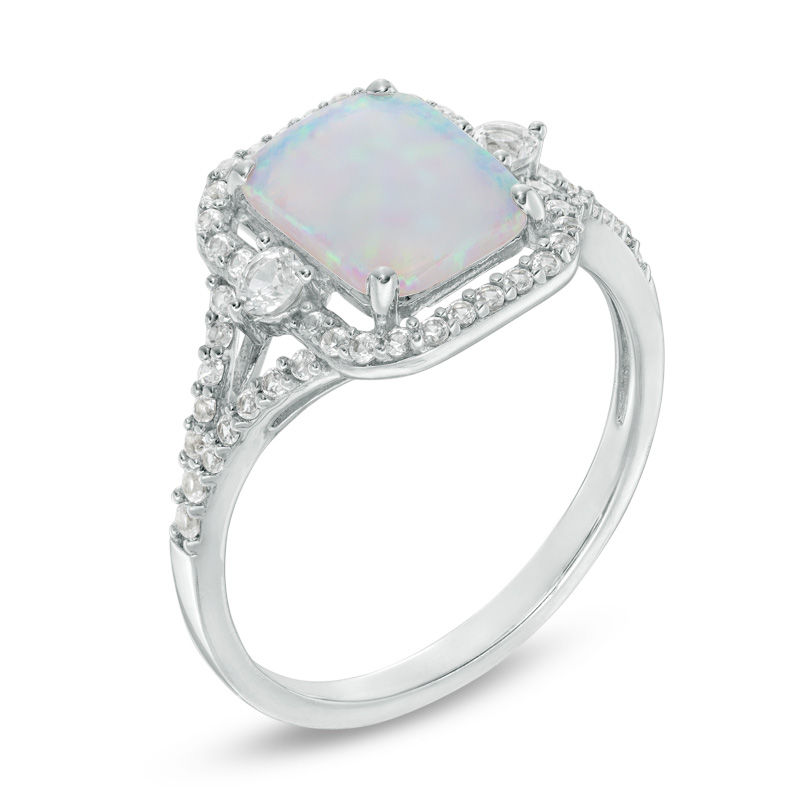 Emerald-Cut Lab-Created Opal and White Sapphire Split Shank Ring in Sterling Silver