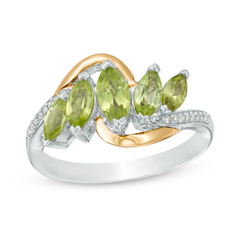 Marquise Peridot and 0.046 CT. T.W. Diamond Five Stone Ring in Sterling Silver and 14K Gold|Peoples Jewellers