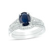 Thumbnail Image 0 of Oval Blue Sapphire and 0.32 CT. T.W. Diamond Bridal Set in 14K White Gold - Size 7