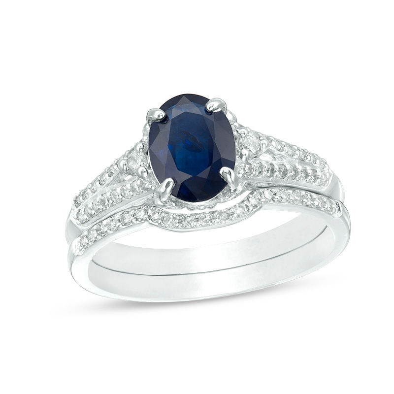 Oval Blue Sapphire and 0.32 CT. T.W. Diamond Bridal Set in 14K White Gold - Size 7