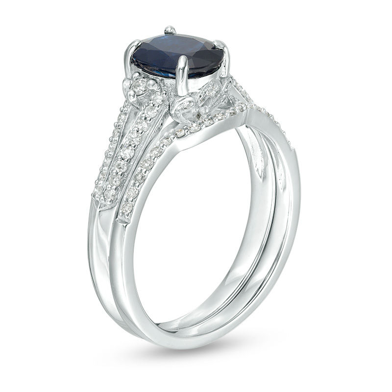 Main Image 2 of Oval Blue Sapphire and 0.32 CT. T.W. Diamond Bridal Set in 14K White Gold - Size 7