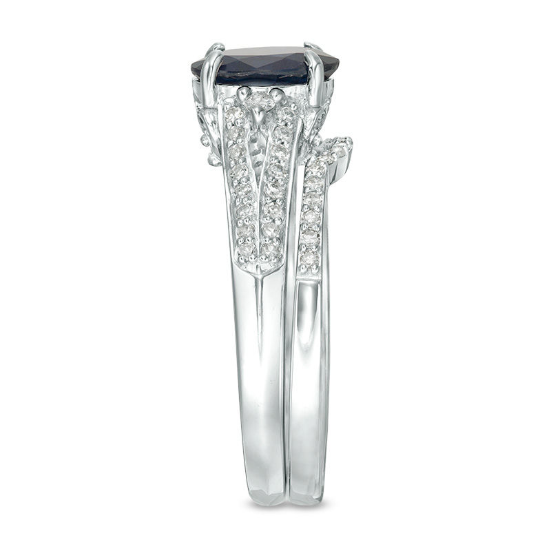 Main Image 4 of Oval Blue Sapphire and 0.32 CT. T.W. Diamond Bridal Set in 14K White Gold - Size 7