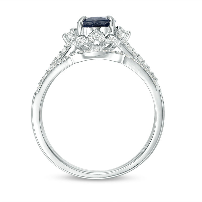 Main Image 5 of Oval Blue Sapphire and 0.32 CT. T.W. Diamond Bridal Set in 14K White Gold - Size 7