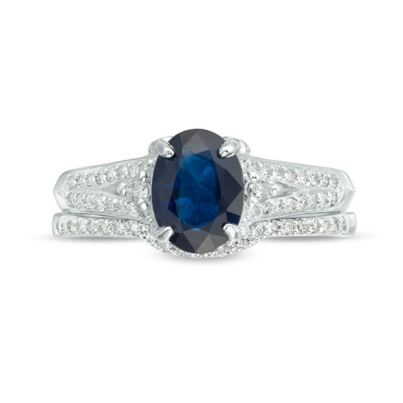 Oval Blue Sapphire and 0.32 CT. T.W. Diamond Bridal Set in 14K White Gold - Size 7