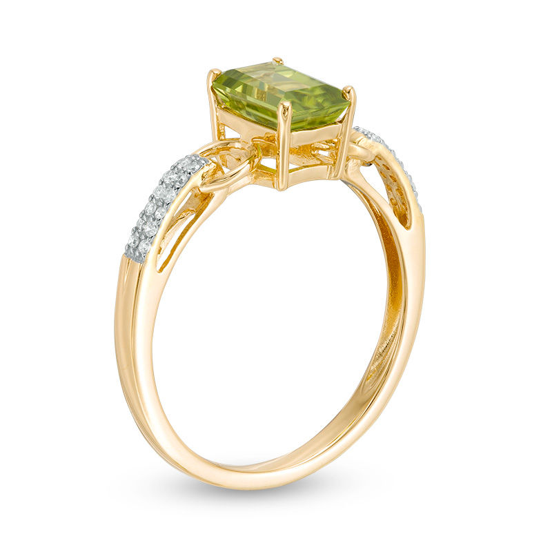 Main Image 2 of Emerald-Cut Peridot and 0.069 CT. T.W. Diamond Buckle Ring in 14K Gold
