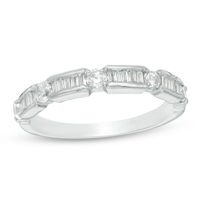 0.45 CT. T.W. Baguette and Round Diamond Alternating Wedding Band in 10K White Gold
