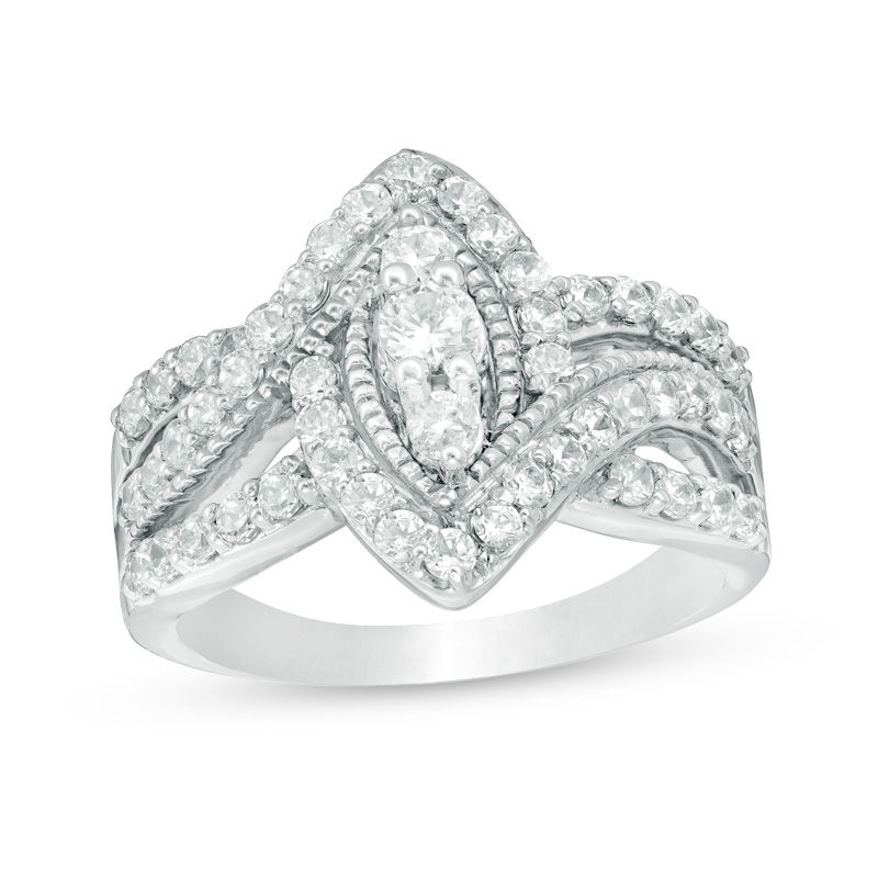 0.95 CT. T.W. Diamond Bypass Marquise Frame Vintage-Style Engagement Ring in 10K White Gold