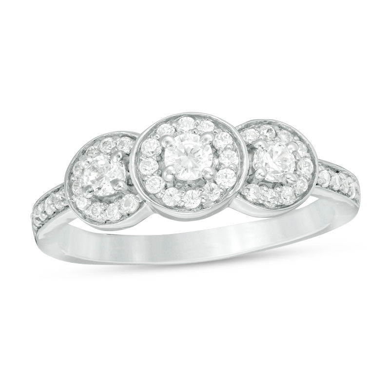 0.45 CT. T.W. Diamond Three Stone Frame Engagement Ring in 10K White Gold|Peoples Jewellers