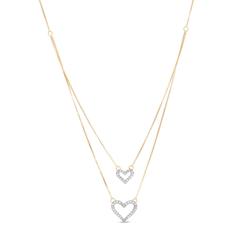 0.15 CT. T.W. Diamond Heart Double Strand Necklace in 10K Gold - 17"