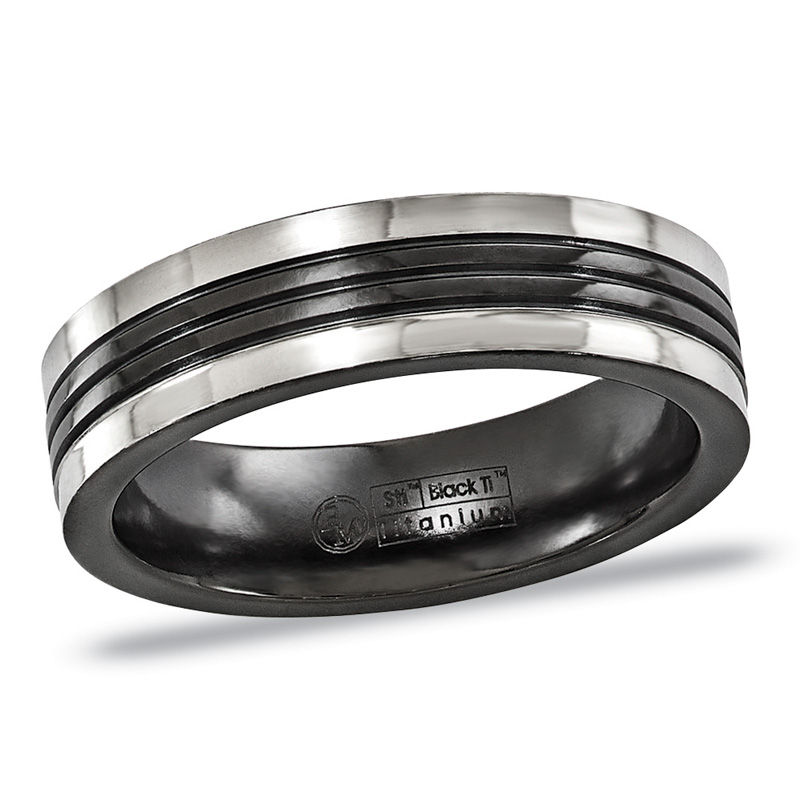 Edward Mirell Men's 6.0mm Grooved Centre Wedding Band in Two-Tone Titanium|Peoples Jewellers