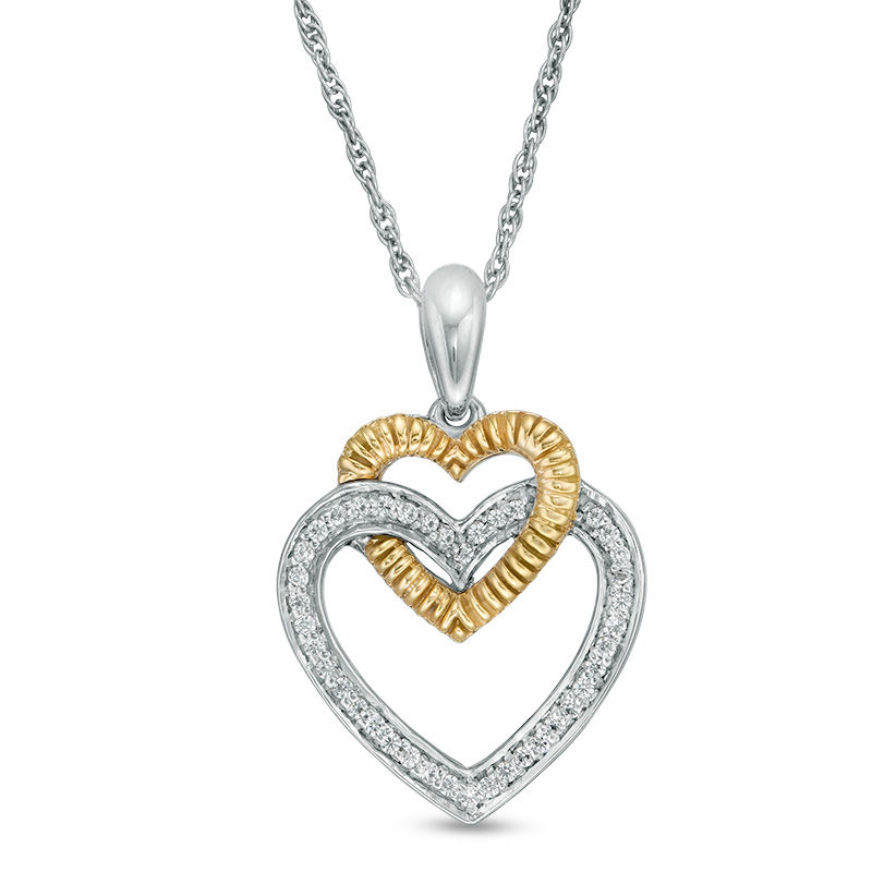 0.088 CT. T.W. Diamond Double Heart Pendant in Sterling Silver and 10K Gold|Peoples Jewellers