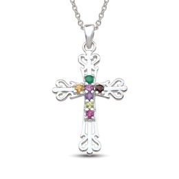 Mother's Birthstone Ornate Cross Pendant (3-7 Stones)