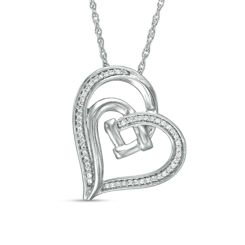 0.088 CT. T.W. Diamond Double Tilted Heart with Square Knot Pendant in Sterling Silver