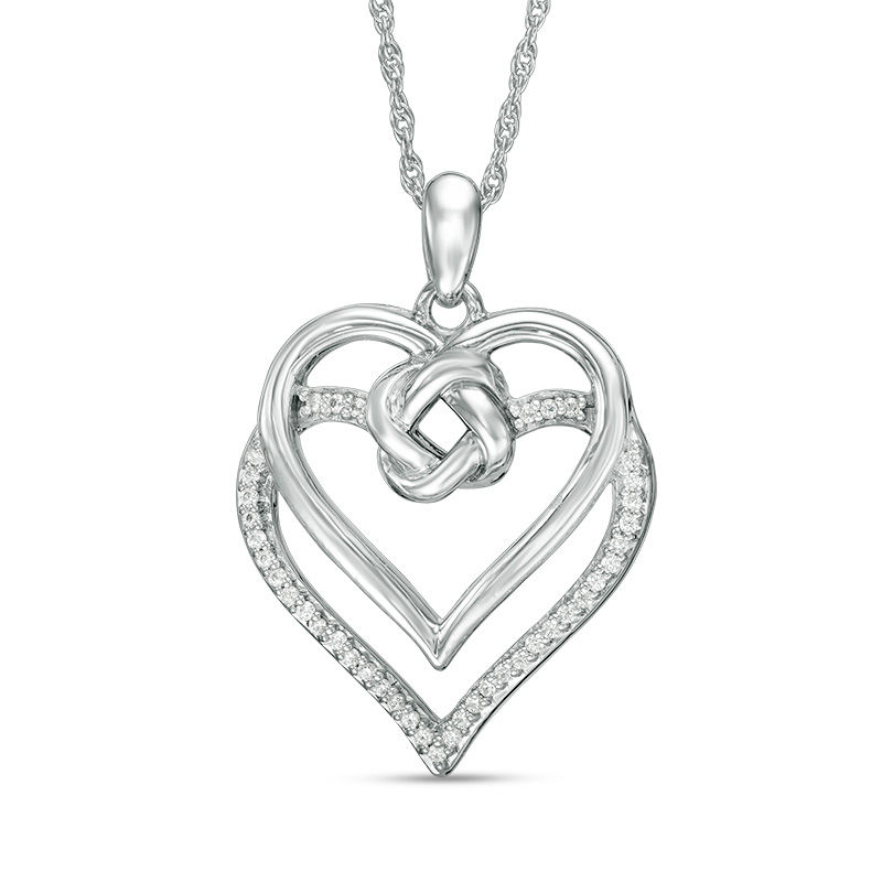 0.086 CT. T.W. Diamond Love Knot Double Heart Pendant in Sterling Silver