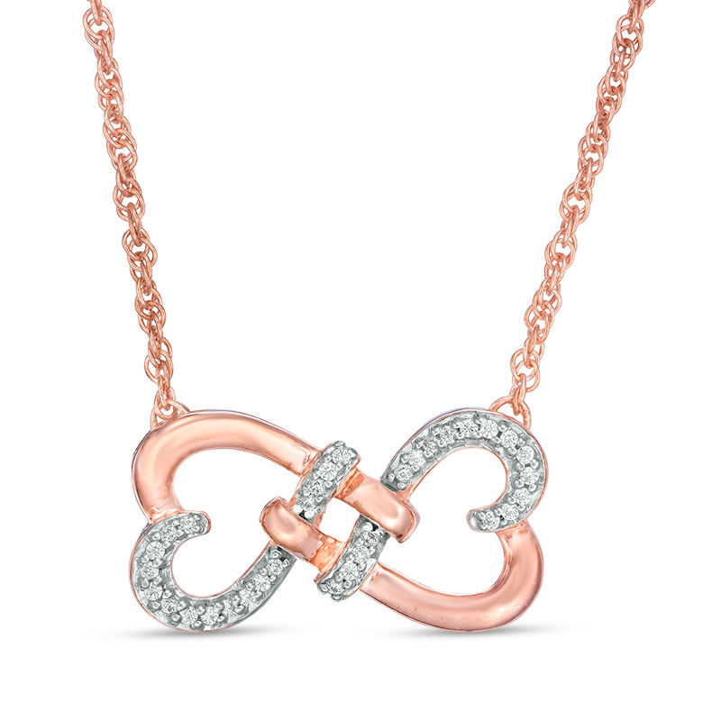 0.086 CT. T.W. Diamond Love Knot Double Heart Necklace in 10K Rose Gold - 17.5"